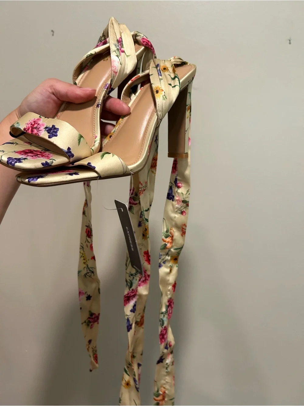 Express floral lace up square toe heels